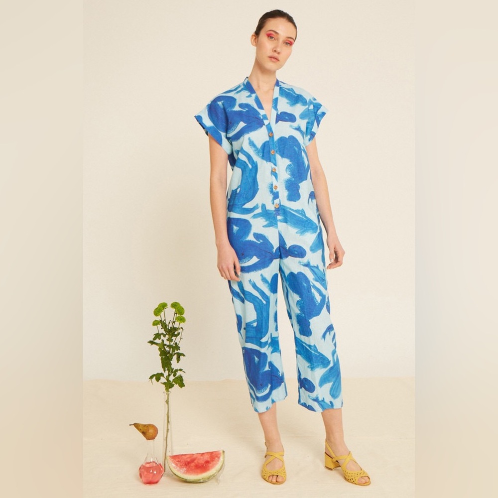 Heinui Aiko Blue Strokes Jumpsuit.  Front Button Down. Size XS